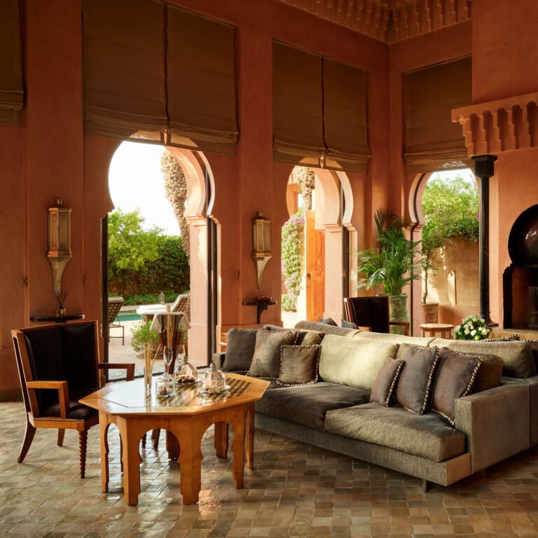 Luxury pavilion suite at Amanjena Marrakech with minimalist design and serene desert tones