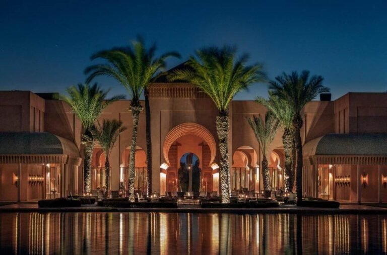 Amanjena luxury pavilion with reflecting pools and minimalist Moroccan architecture in Marrakech