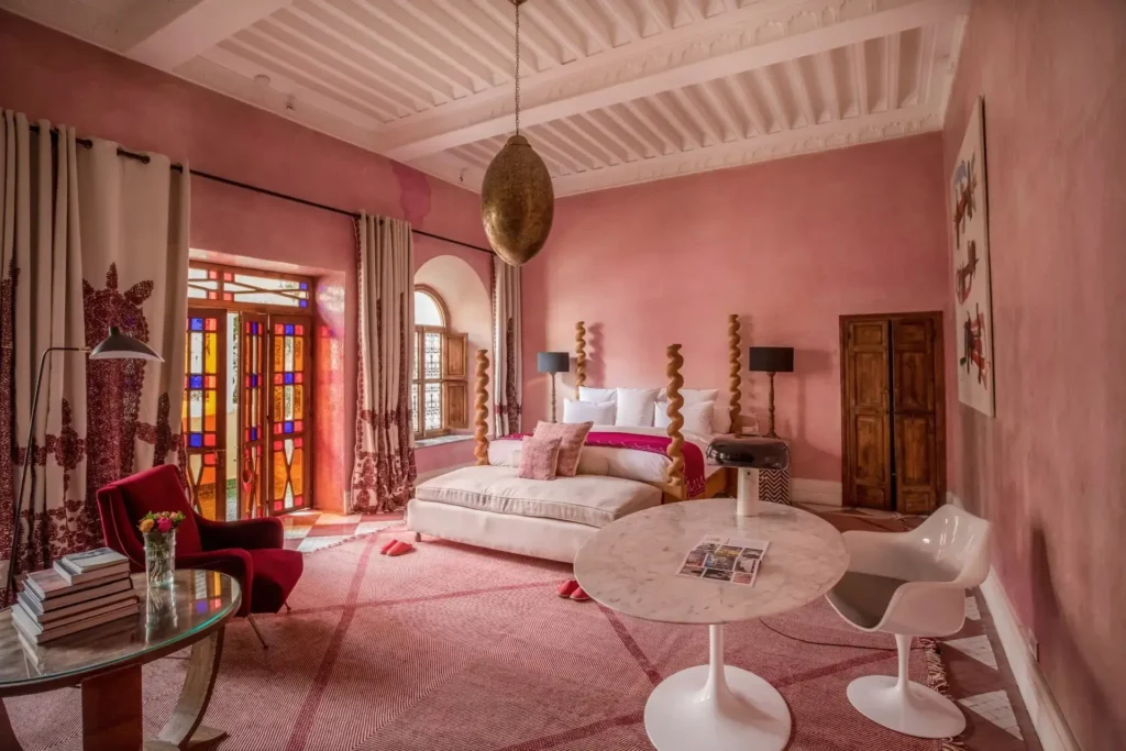 Artistic room at El Fenn Marrakech with bold colors and contemporary Moroccan design