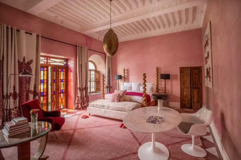 Artistic room at El Fenn Marrakech with bold colors and contemporary Moroccan design