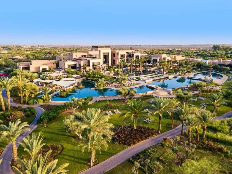 Fairmont Royal Palm Marrakech luxury resort with pool, golf course and Atlas Mountains views