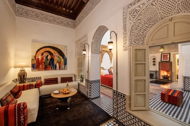 Spacious luxury suite at Riad Farnatchi with sophisticated decor and calm atmosphere