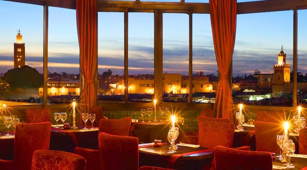 Le Marrakchi restaurant terrace overlooking Jemaa el-Fna square in Marrakech