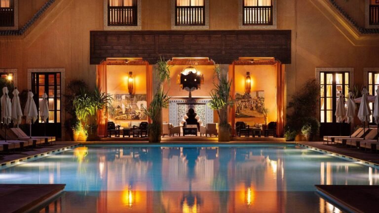 Les Jardins de La Koutoubia rooftop pool with views of Koutoubia Mosque in Marrakech Medina