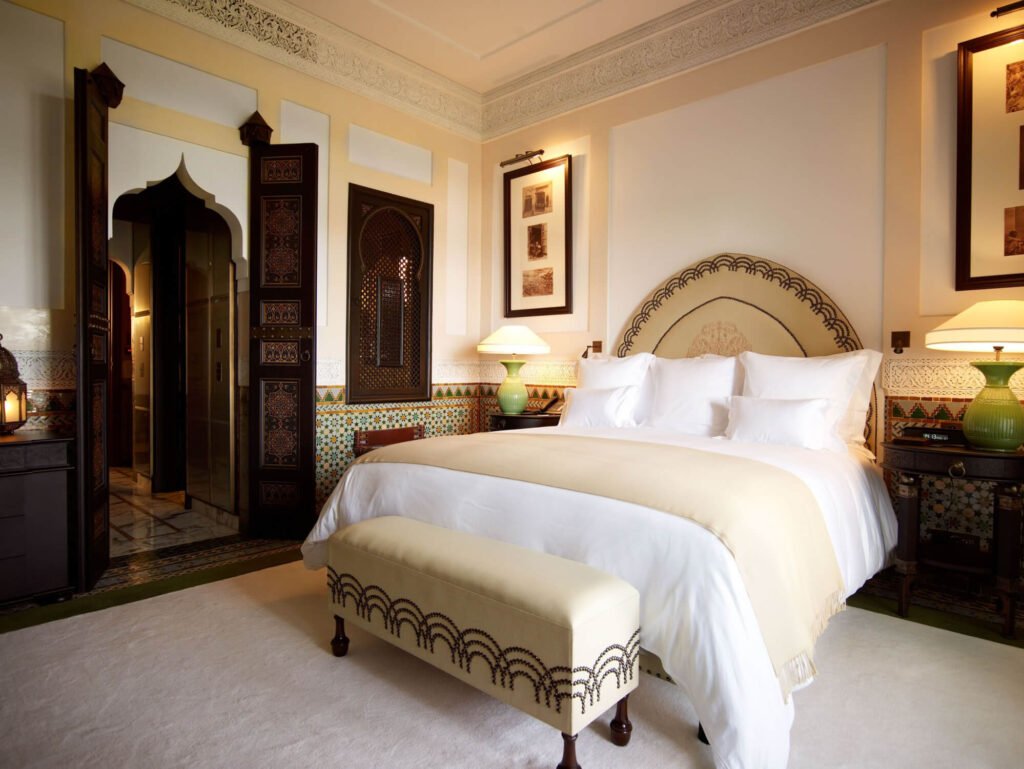 Elegant room at La Mamounia with classic Moroccan design and luxurious details