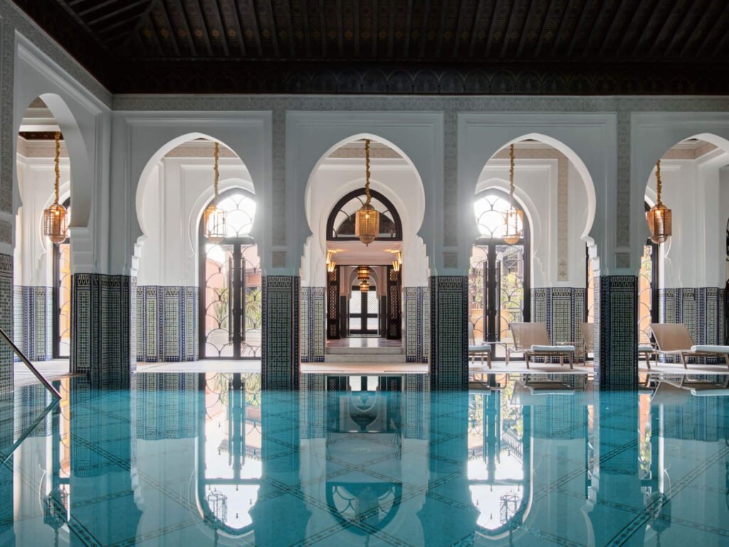 Grand spa and hammam at La Mamounia with marble architecture and tranquil atmosphere