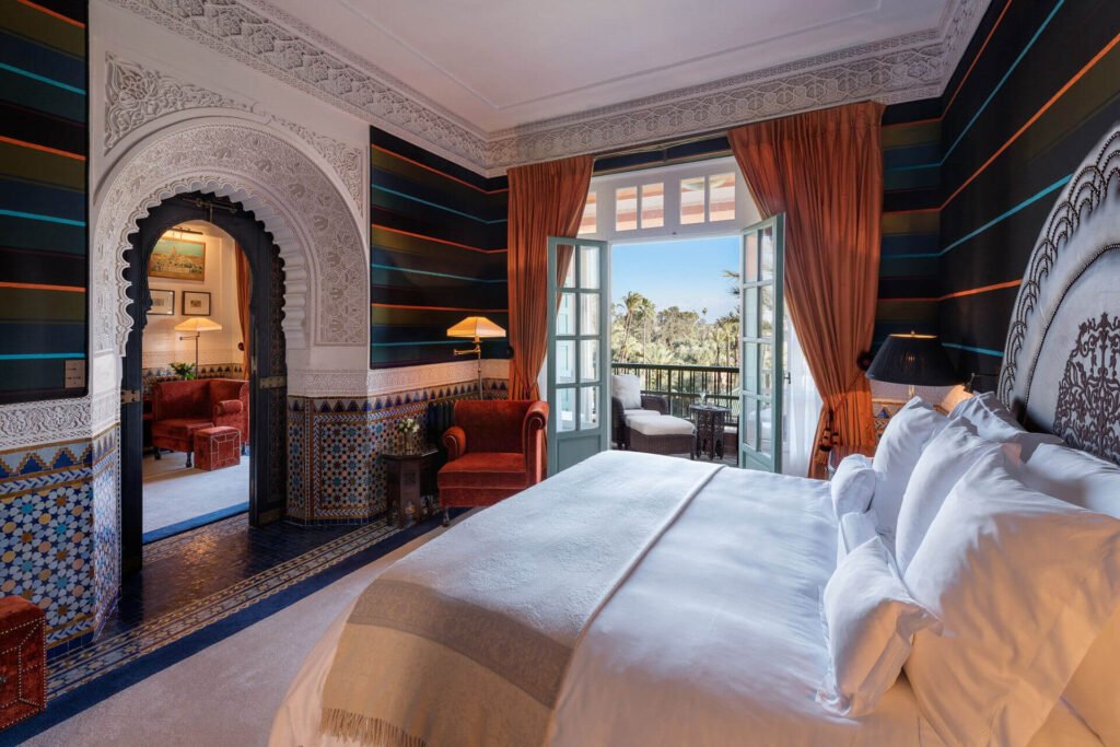Luxury suite at La Mamounia with opulent Moroccan design and rich textures