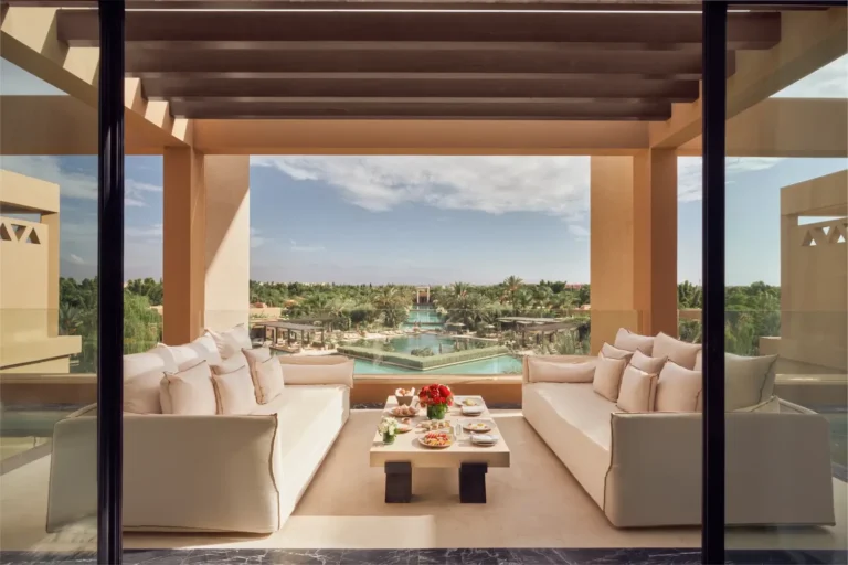 Private suite terrace at Mandarin Oriental Marrakech overlooking gardens and olive groves