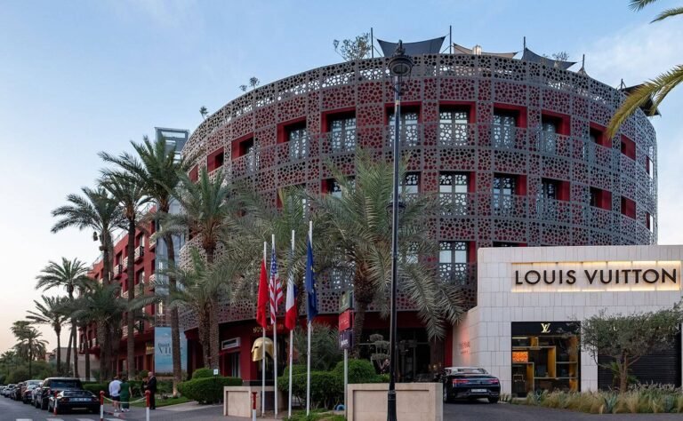 Exterior view of Nobu Hotel Marrakech showcasing modern architecture and upscale urban luxury design