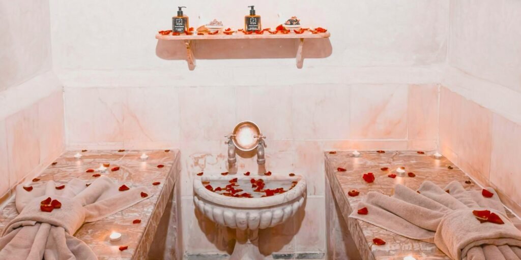 Spa area at Riad Palais Sebban with warm lighting and traditional Moroccan wellness ambiance