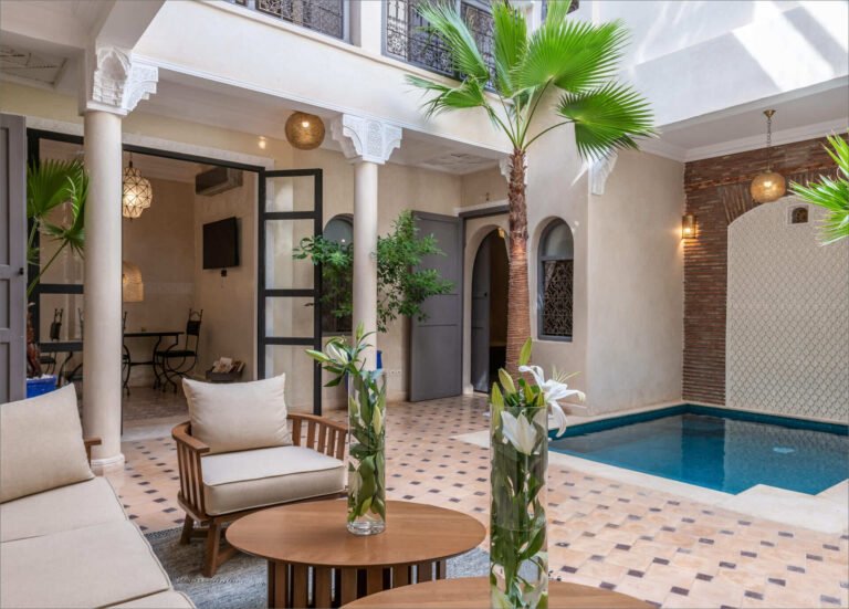 Riad Beldi courtyard with elegant Moroccan decor and boutique-style ambiance in Marrakech Medina