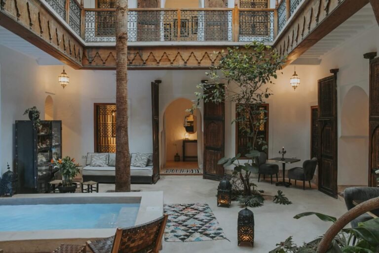 Riad Dar Djebel courtyard with Moroccan decor and simple budget rooms in Marrakech Medina