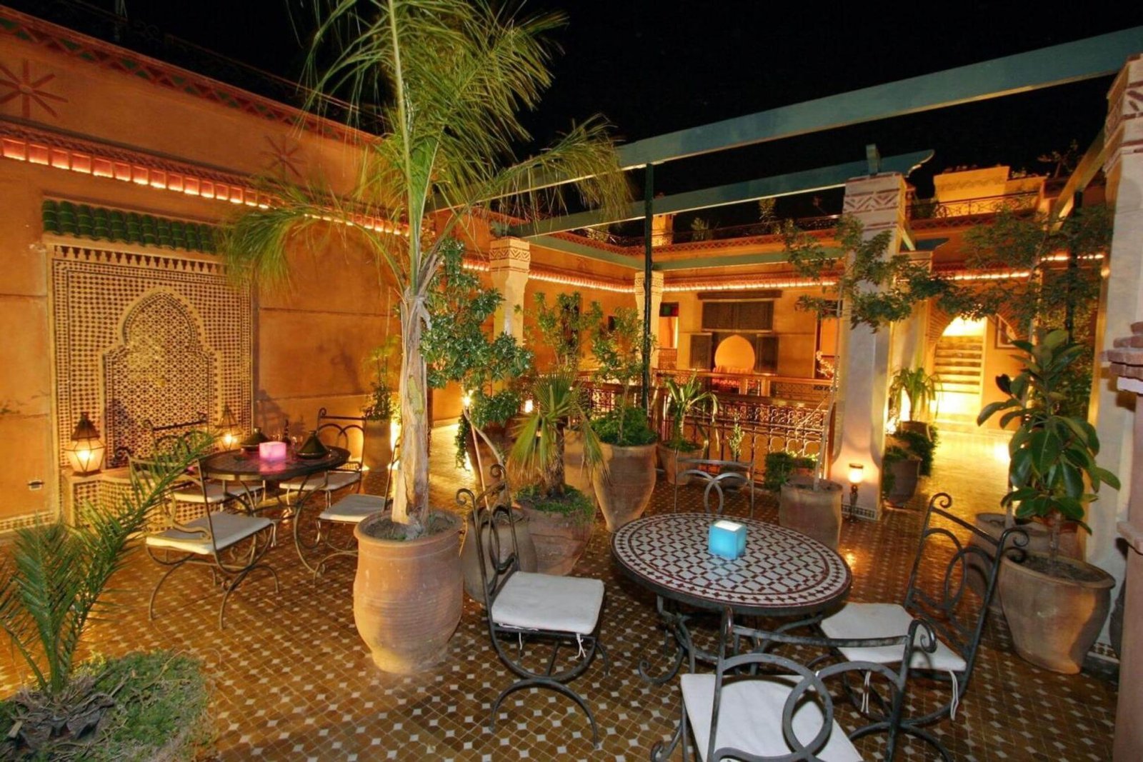 Riad Jnane Mogador rooftop terrace with Moroccan design and views over Marrakech Medina