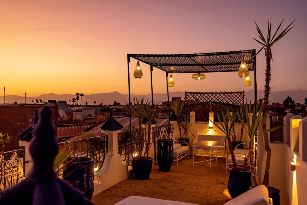 Night view from the rooftop of Maipa Boutique Riad overlooking the Marrakech Medina