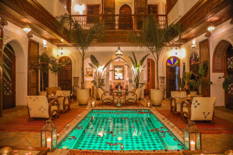 Central courtyard at Riad Melhoun with traditional design and calm, authentic riad atmosphere