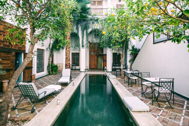 Riad Le Rihani Marrakech stylish courtyard with pool and traditional-modern Moroccan design