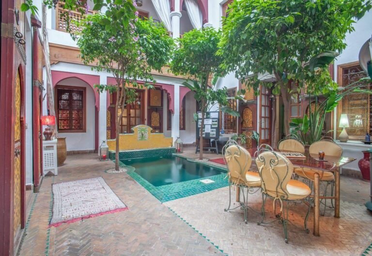 Riad Sadaka courtyard with Moroccan decor and comfortable rooms in Marrakech Medina