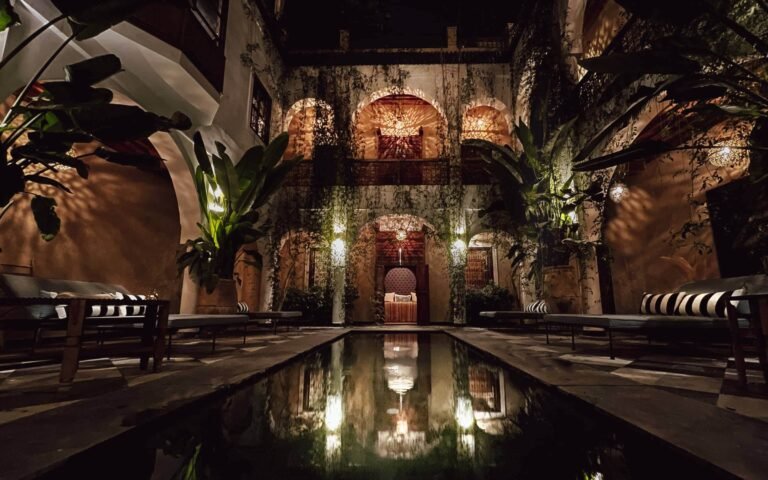 Riad Sakkan Marrakech modern courtyard with pool and Moroccan decor