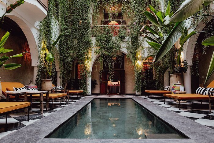Riad Sakkan Marrakech modern courtyard with pool and Moroccan decor