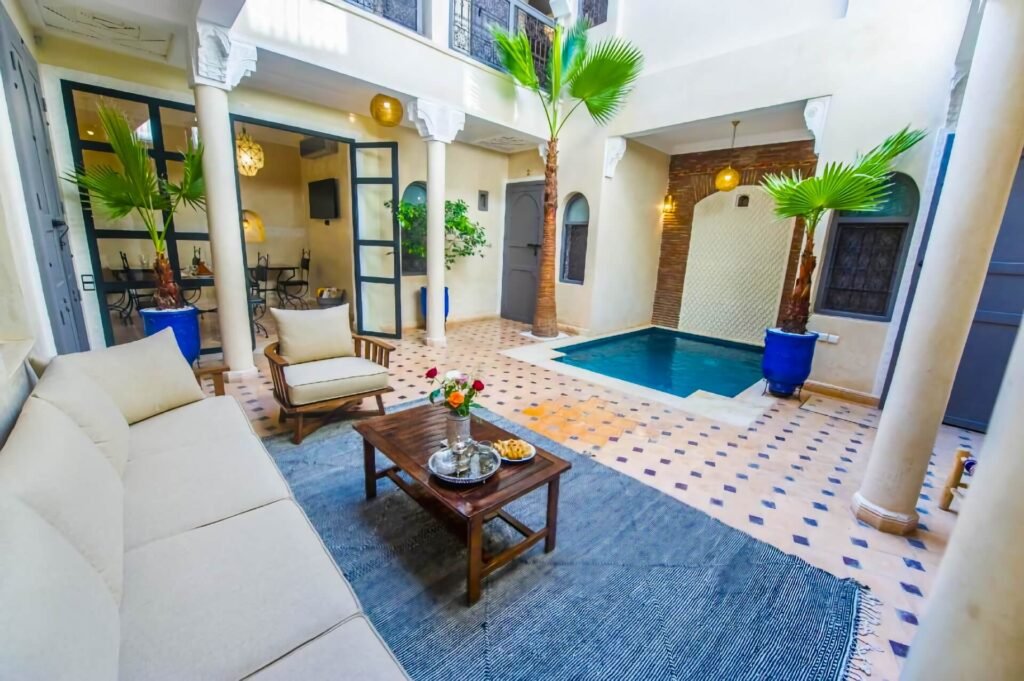 Peaceful patio at Riad Beldi with traditional Moroccan architecture and cozy atmosphere