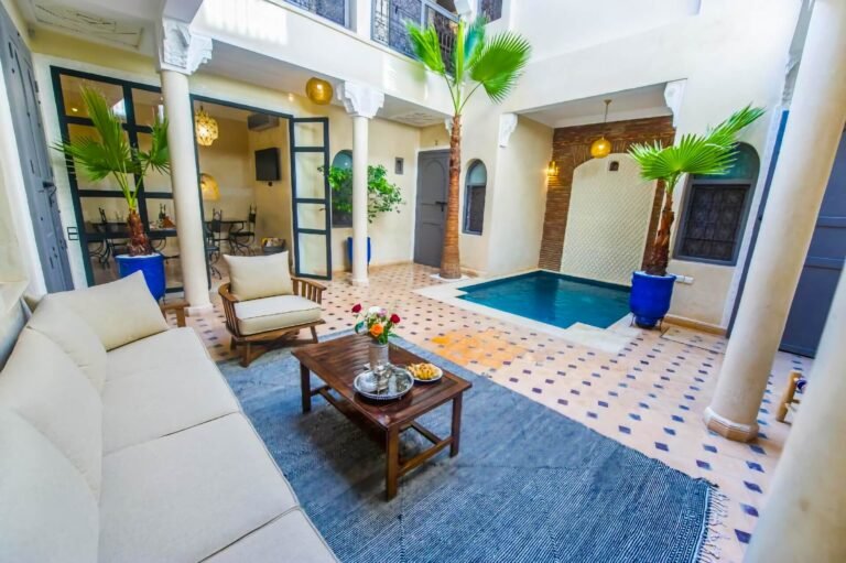 Peaceful patio at Riad Beldi with traditional Moroccan architecture and cozy atmosphere