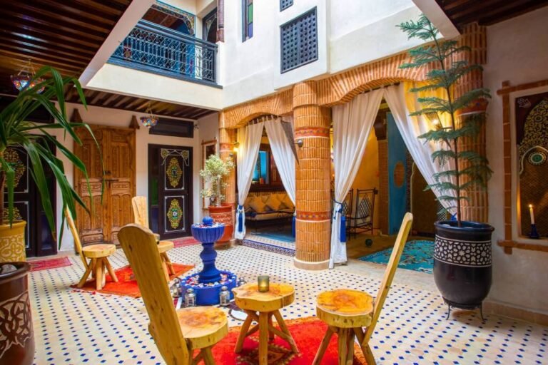 Peaceful courtyard at Riad Christina with classic Moroccan riad design and warm lighting