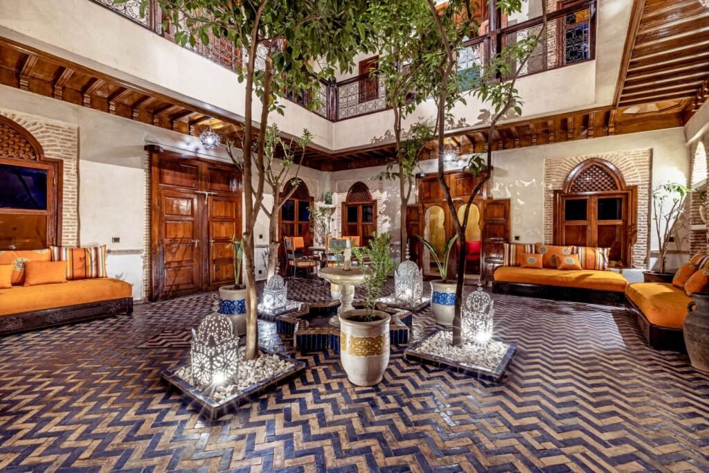 Minimalist courtyard at Maipa Boutique Riad featuring refined Moroccan architecture